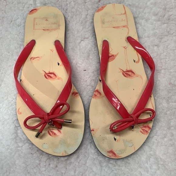 Kate Spade Flamingo Flip Flops With Charm - Cream/Pink/Black, Size 7 - Picture 2 of 8